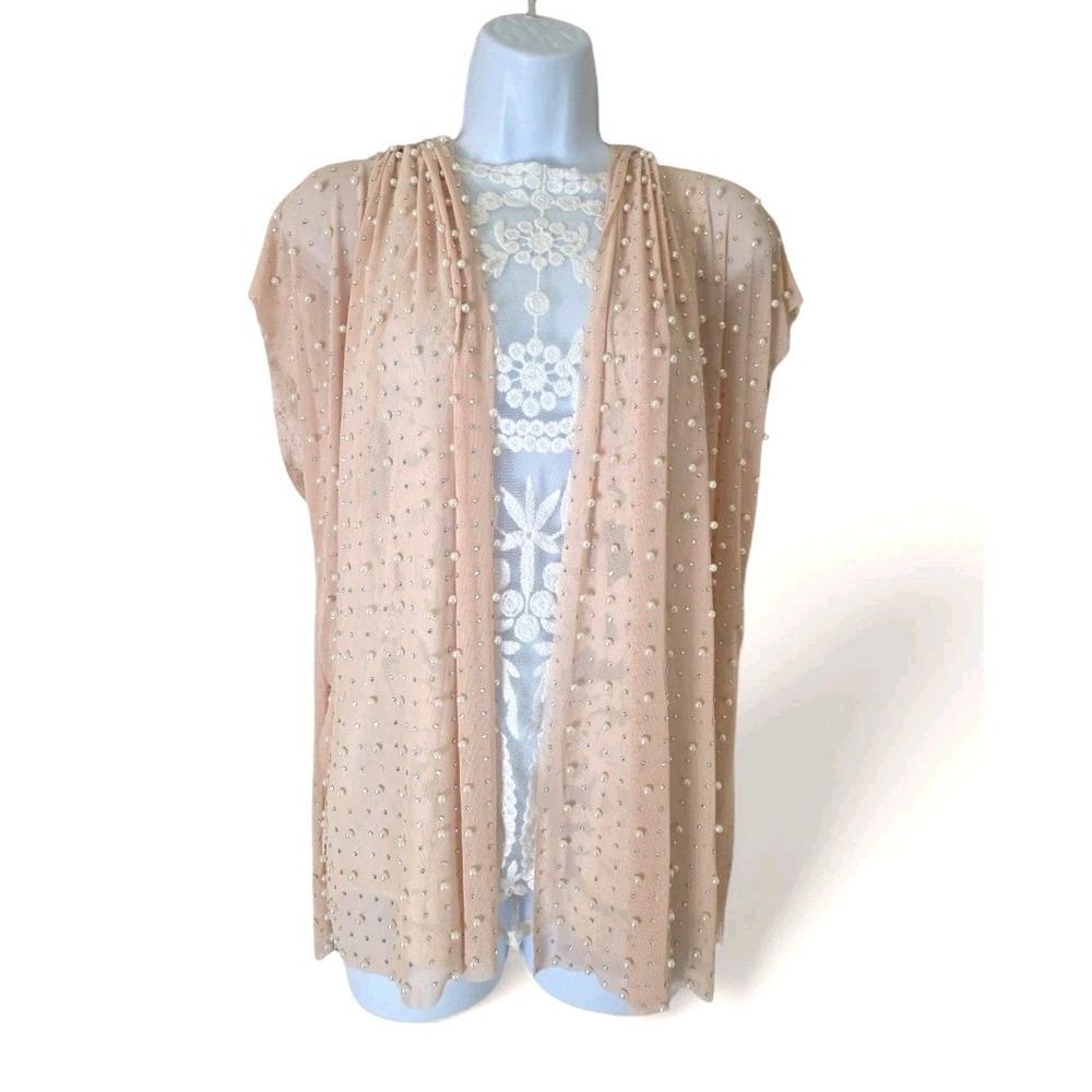 White Birch‎ Beaded Cardigan XL Beige Mesh Sheer Shimmery Rhinestone Cover-up